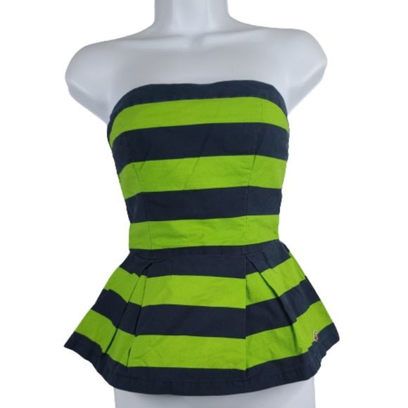 Hollister Small Strapless Top Green Navy Striped Peplum Elastic Logo Pull On - Picture 1 of 6